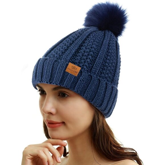Women\'s Faux Fur Fleece Lined Blue Winter Thick Knit Pom Skull Beanie Hat Cap